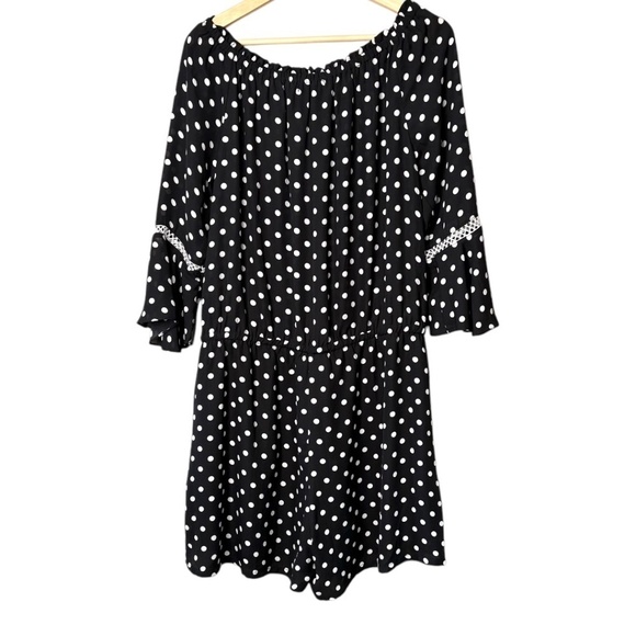 ELENA WANG Easy Care Poly Black / White Polka Dot Romper Bell Sleeves CA Sz L - Picture 4 of 8